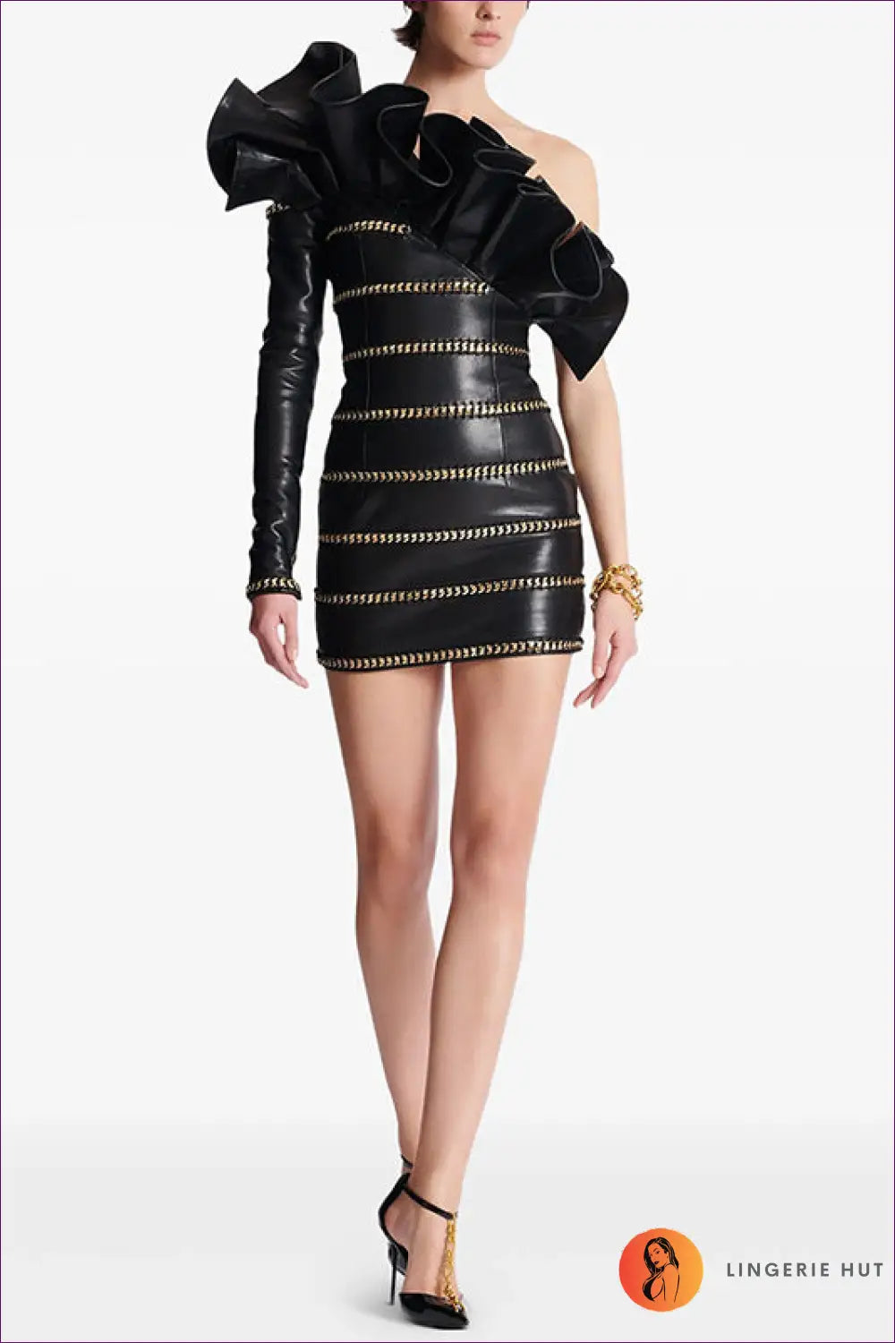 Faux Leather Mini Dress with Chain Detail - After-dark Attitude - Dresses - Lingerie Hut - Bodycon • Clubwear • Evening