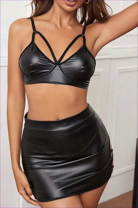 Unleash Your Inner Diva With Lingerie Hut’s Faux Leather Co Ord Set. Harness Crop Top Meets Cut Out Mini