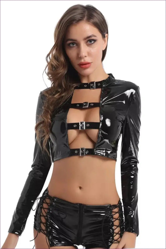 Faux Leather co Ord Set with Lace-up Cutout - Bold but Wearable - Outfit Sets - Lingerie Hut - All Season • Boudoir