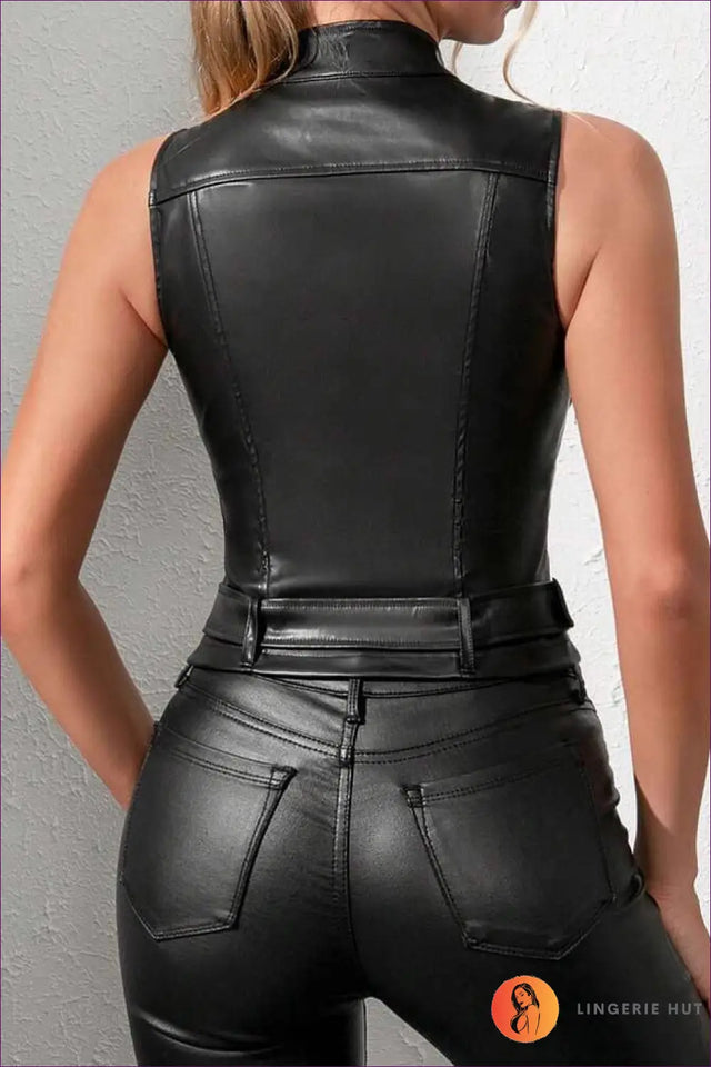 Faux Leather Sleeveless Vest Top with Belt - Urban Power Look