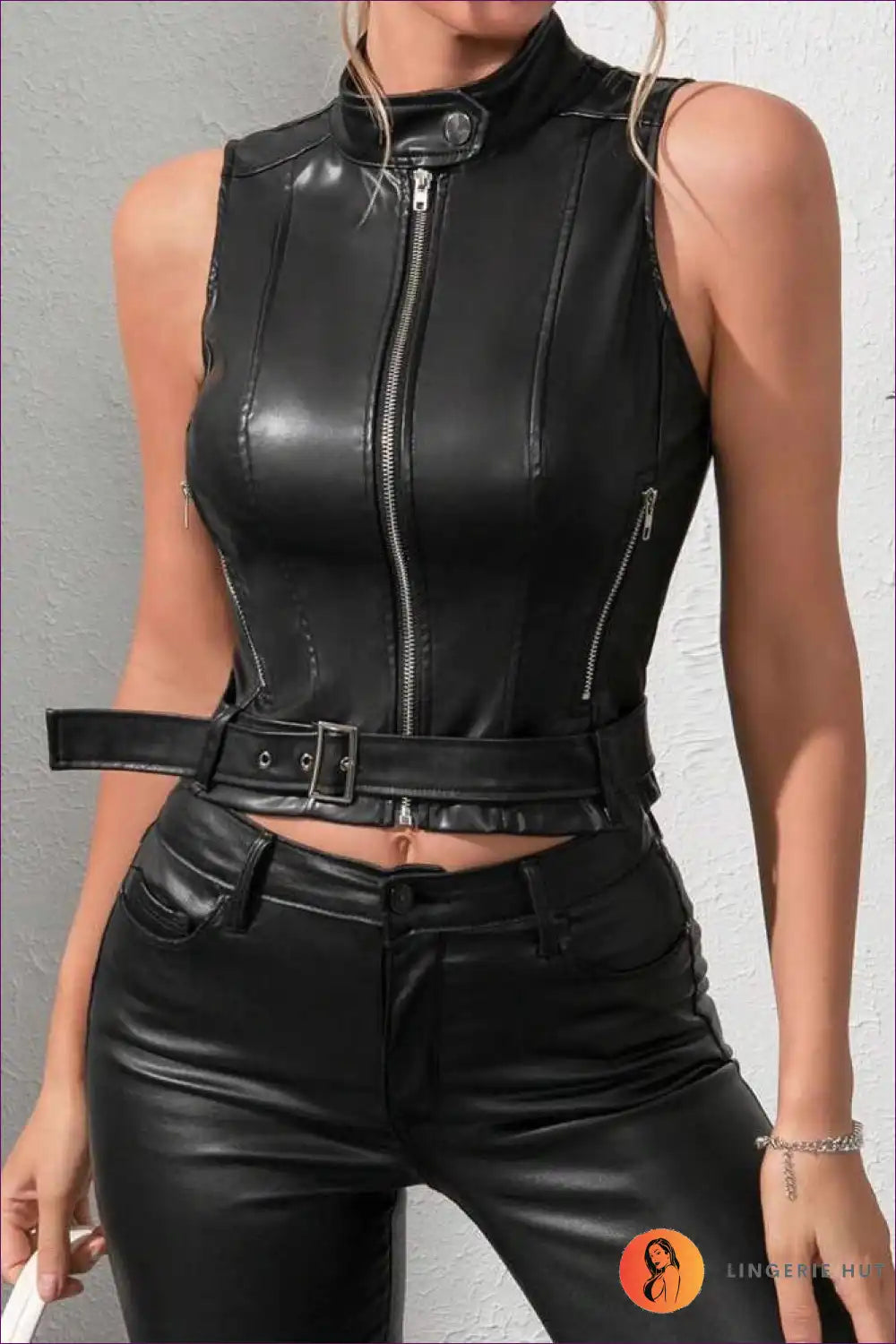 Faux Leather Sleeveless Vest Top with Belt - Urban Power Look for Casual, Crop, Everyday, Jackets,