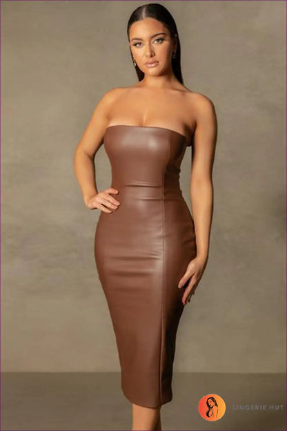Faux Leather Strapless Midi Dress - Effortless Night-out Glamour - s / Brown - Dresses - Autumn • Bodycon • Clothing