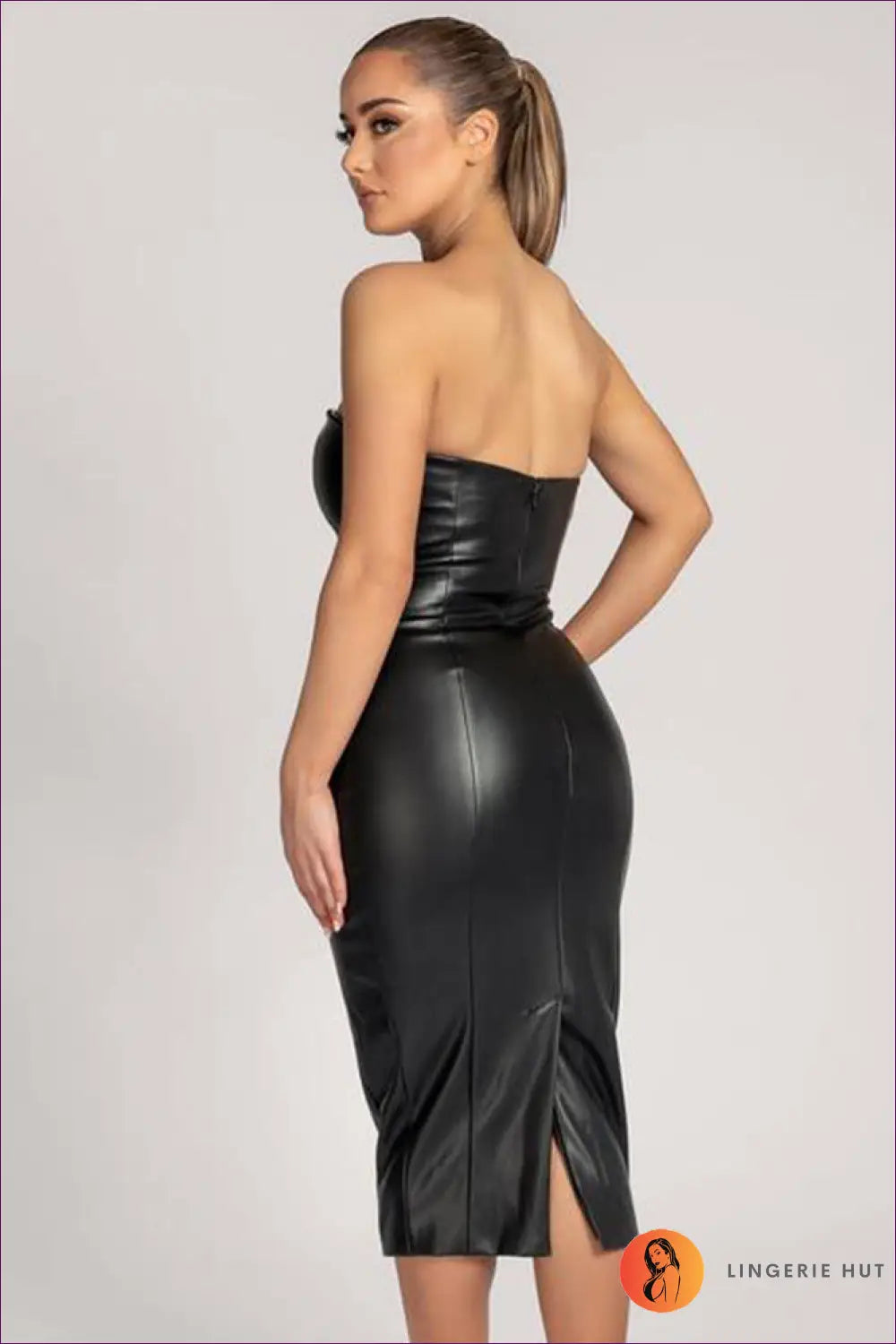 Faux Leather Strapless Midi Dress - Effortless Night-out Glamour - Dresses - Autumn • Bodycon • Clothing • Evening Wear