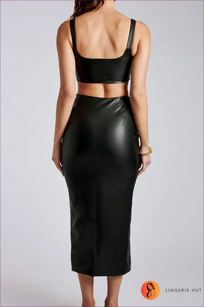 Unleash Your Inner Fashionista With Lingerie Hut’s Faux Leather Vest And Slit Skirt Co Ord Set. a Square Neck,