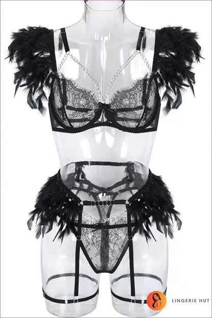 Sizzle And Sparkle In Our Feather Trim Chain Harness Bra Set With Garter Belt. Crafted From Ultra-soft Black