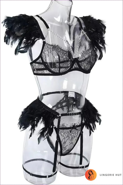 Sizzle And Sparkle In Our Feather Trim Chain Harness Bra Set With Garter Belt. Crafted From Ultra-soft Black