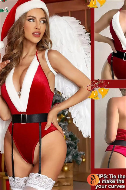 Step Into The Holiday Season With Our Festive Santa Lingerie Set. Bodycon Design And Lace Decorations Make