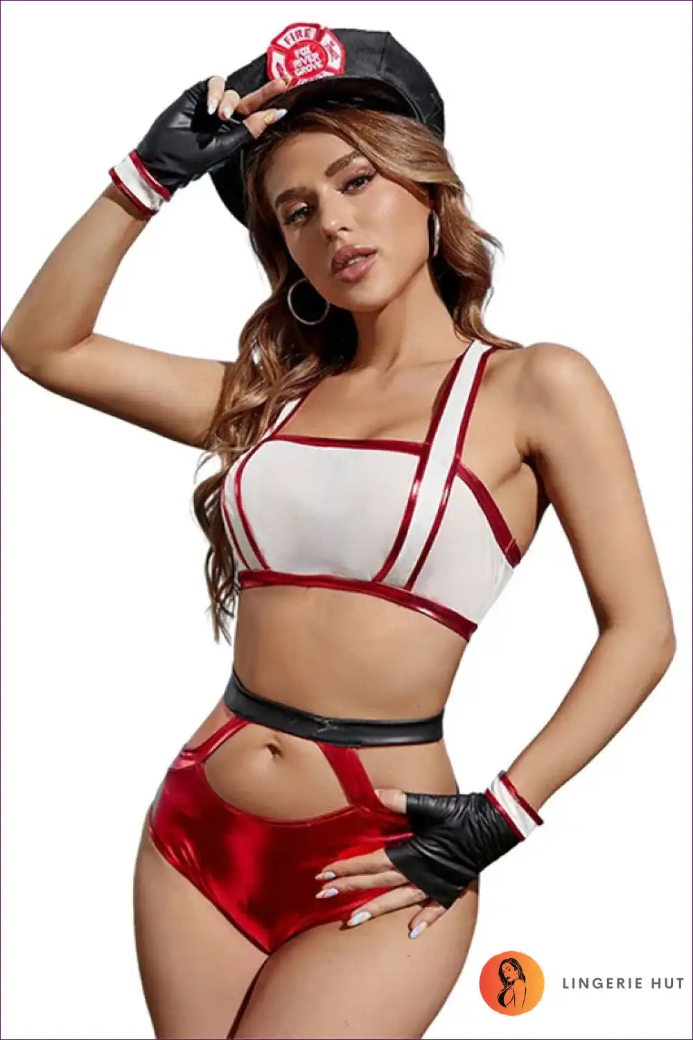 Firefighter Costume Set with Metallic Shorts - Bold Role-play Flair for Clubwear, Costume, Crop, Cutout,