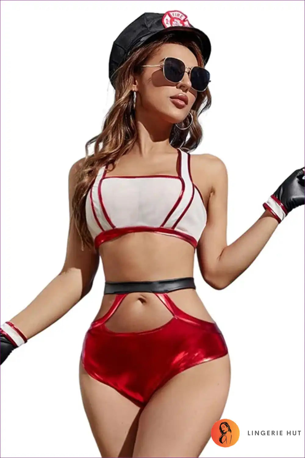 Firefighter Costume Set with Metallic Shorts - Bold Role-play Flair for Clubwear, Costume, Crop, Cutout,