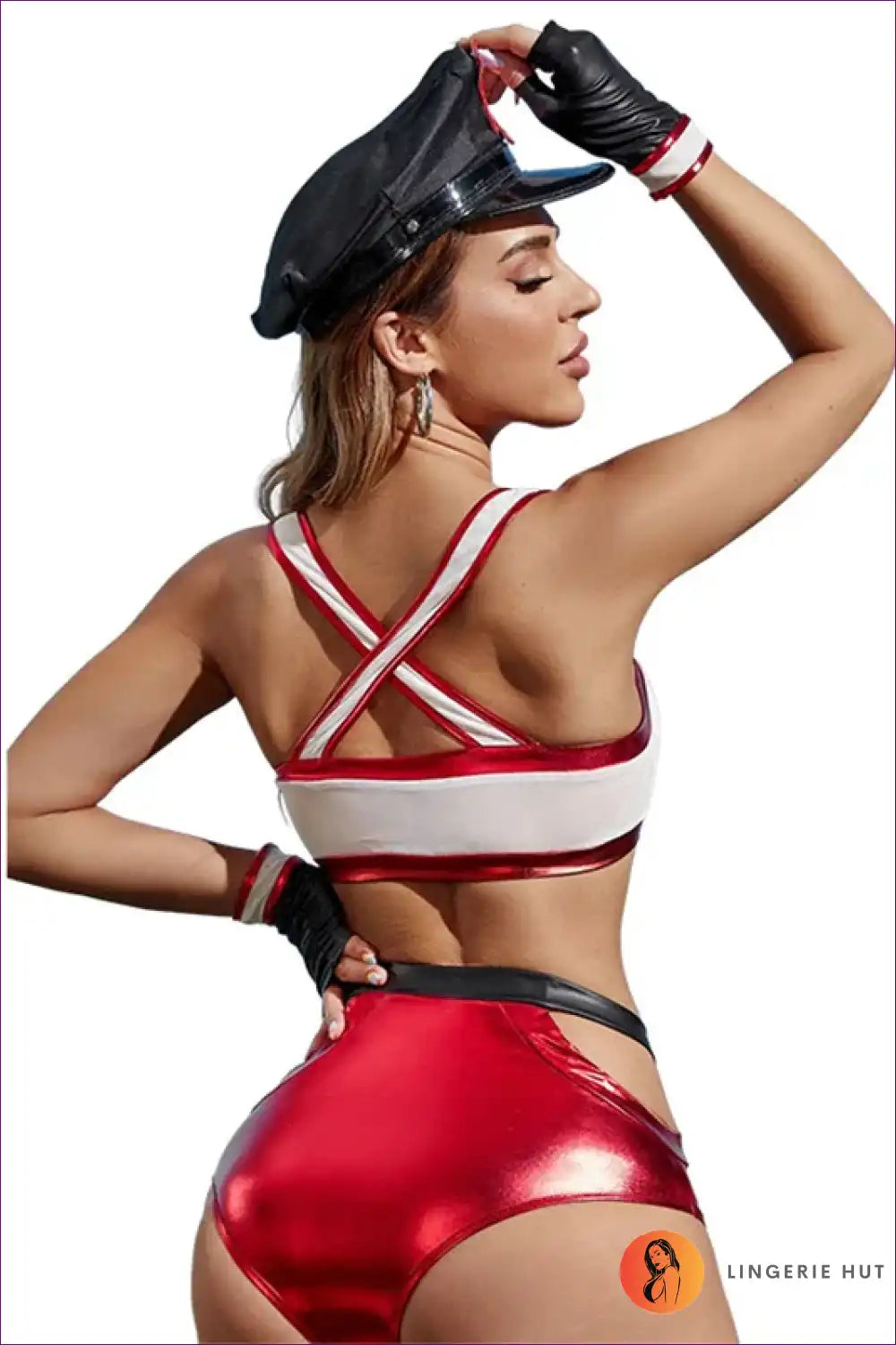 Firefighter Costume Set with Metallic Shorts - Bold Role-play Flair for Clubwear, Costume, Crop, Cutout,