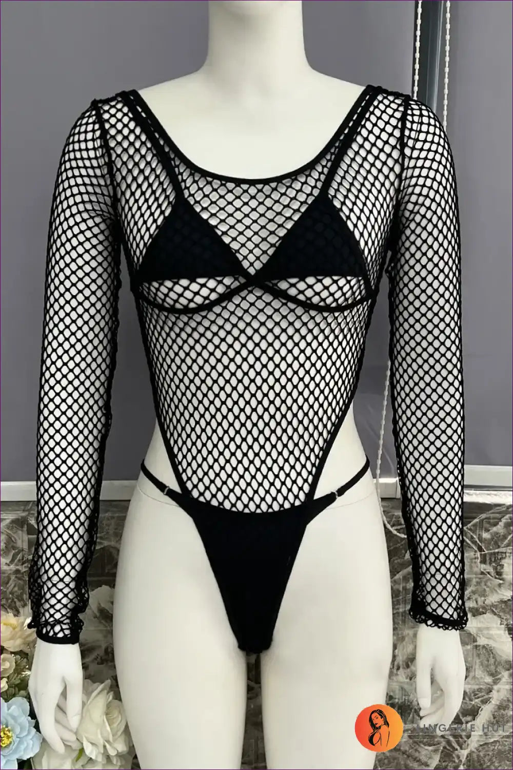 Fishnet Bodysuit Lingerie Set with Thong - After-dark Drama for Bodysuit, Boudoir, Cutout, Date Night,