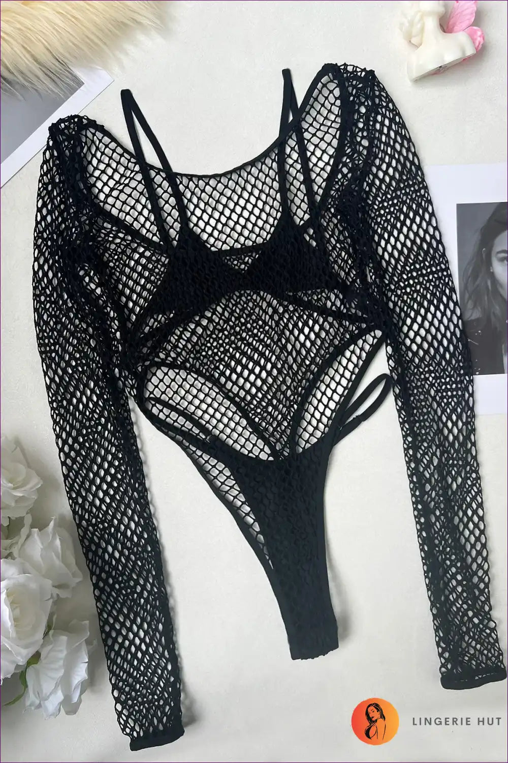 Fishnet Bodysuit Lingerie Set with Thong - After-dark Drama for Bodysuit, Boudoir, Cutout, Date Night,