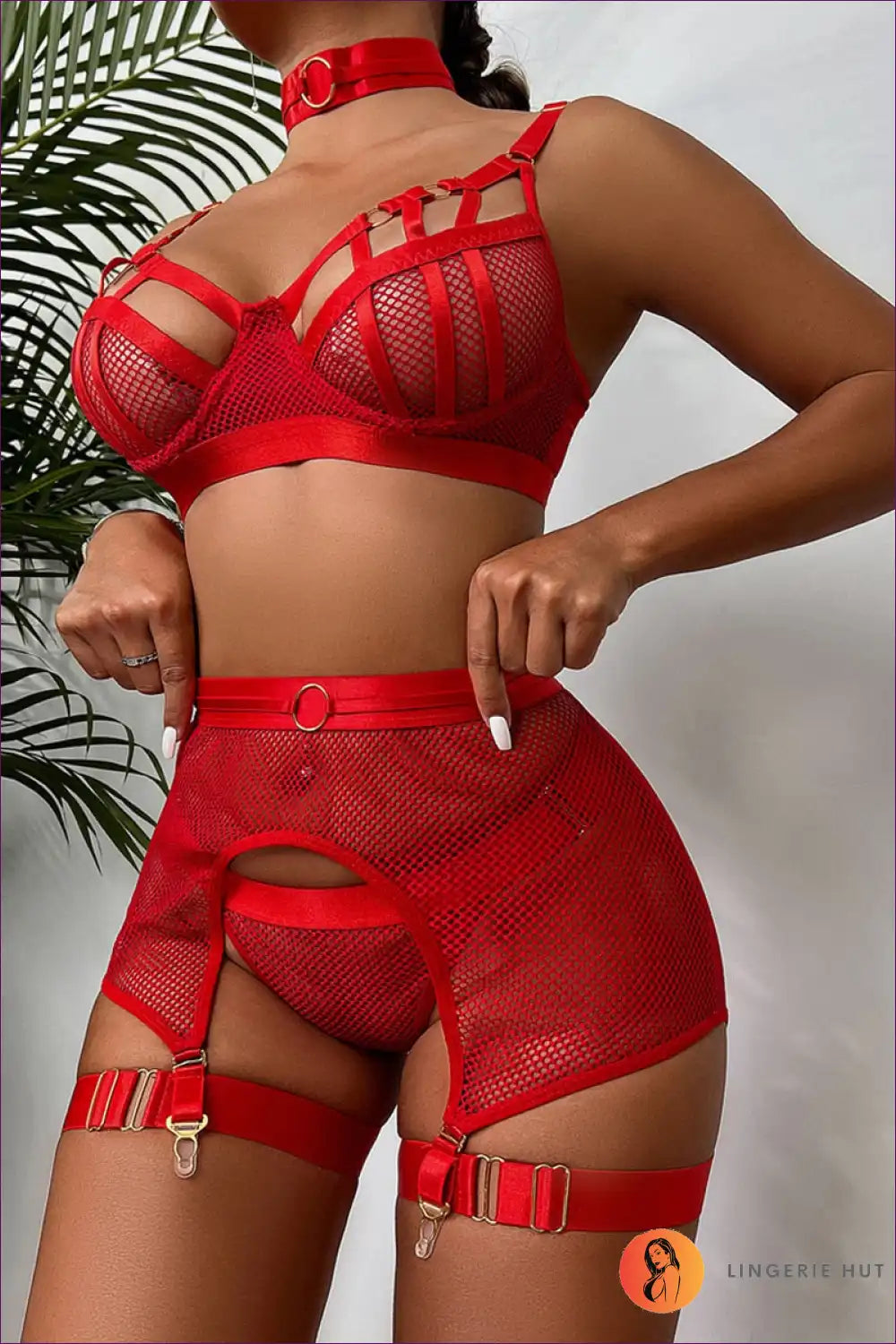 Unleash Your Seductive Side With This Fishnet Cut Out Buckle Bra Set - a Tantalizing Blend Of Allure