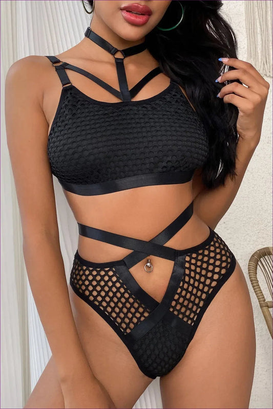 Elevate Your Allure With Our Fishnet Harness Bra Set. Black Fishnet, Chains, And O-rings, Complete a Matching