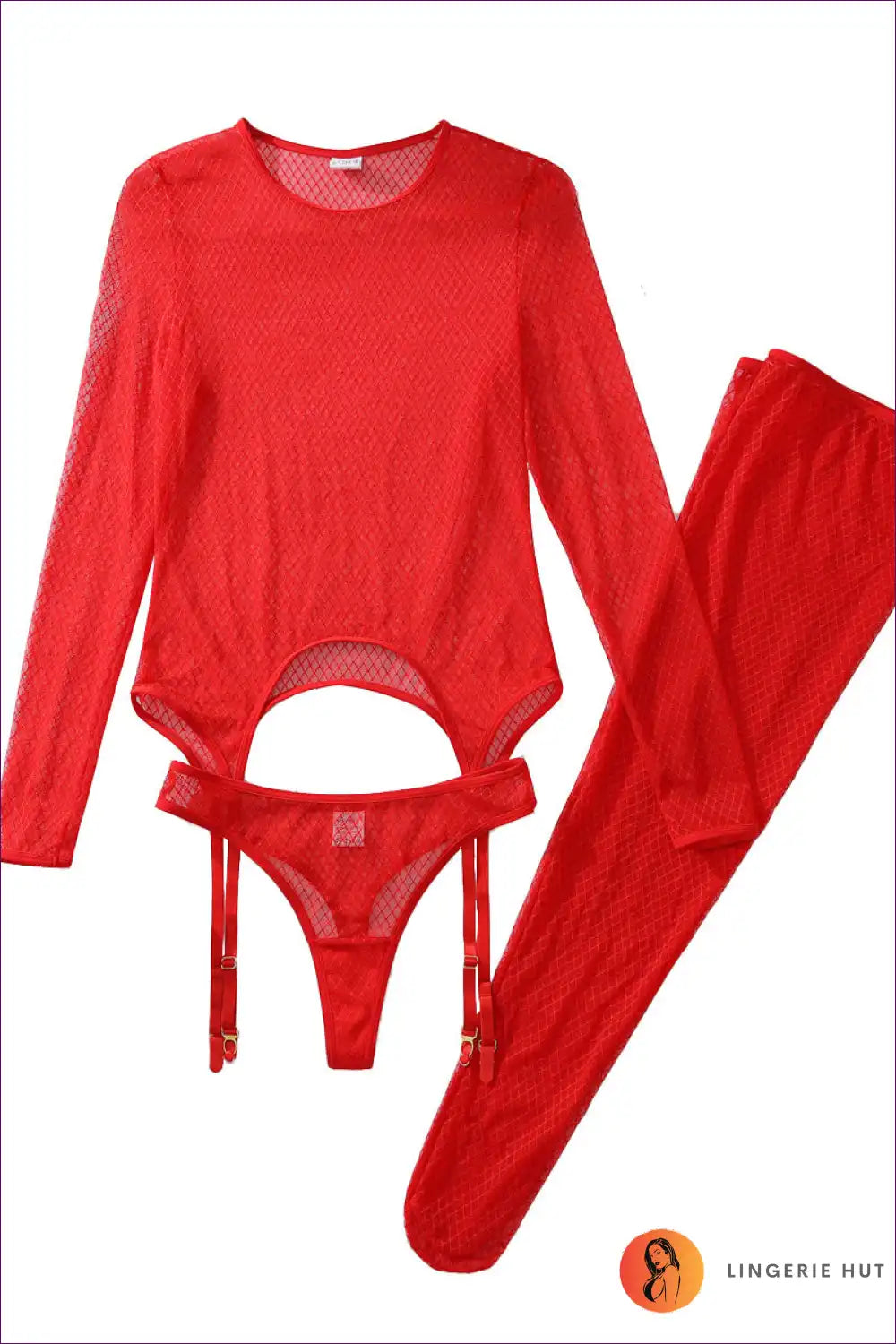 Fishnet Long Sleeve Bodysuit with Garter Detail - Statement Evenings for All Season, Bodysuit, Clubwear, Date