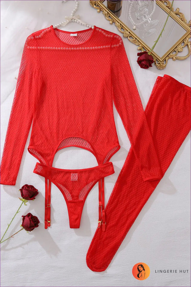 Fishnet Long Sleeve Bodysuit with Garter Detail - Statement Evenings