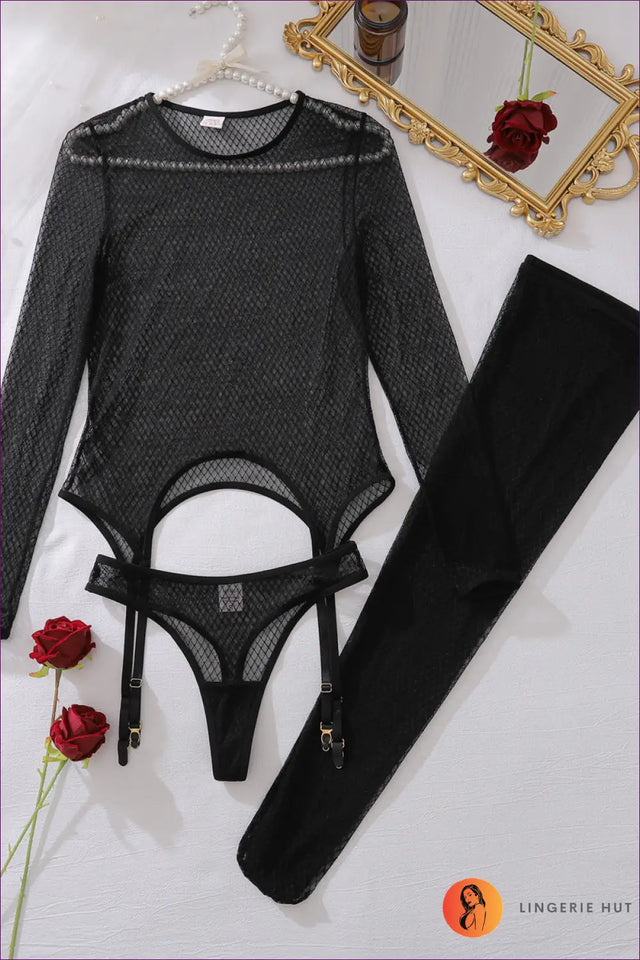 Fishnet Long Sleeve Bodysuit with Garter Detail - Statement Evenings