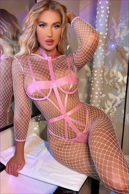 Unleash Your Sensuality In Our Fishnet Long Sleeve Jumpsuit. This Stretchy, Form-fitting One-piece Will Have