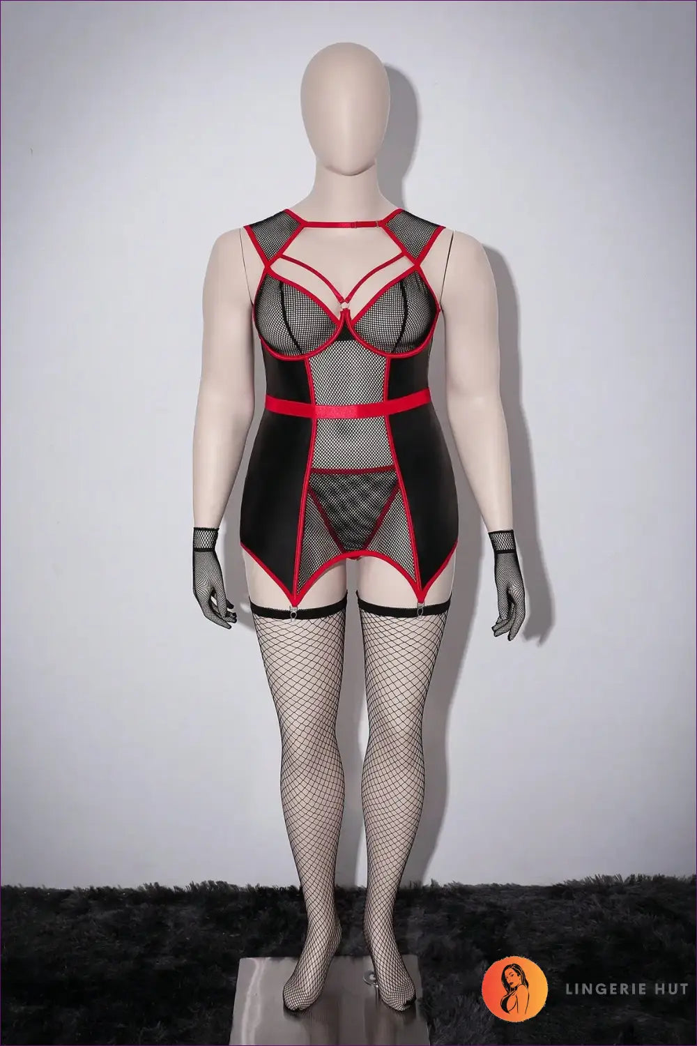 Fishnet Panel Bodysuit Set with Lace Gloves - Edgy Confidence - Lingerie - just in • Hut