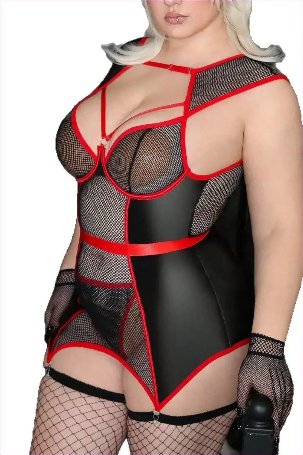 Fishnet Panel Bodysuit Set with Lace Gloves - Edgy Confidence - Lingerie - just in • Hut