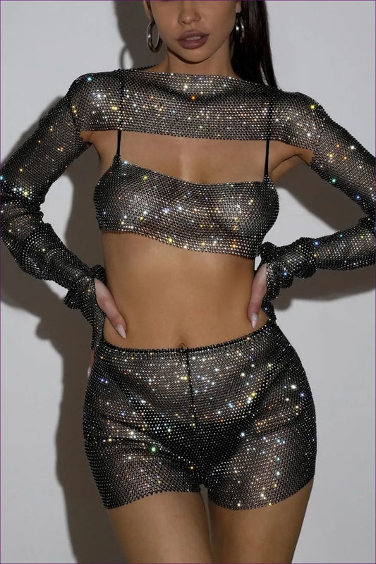 Turn Up The Heat With Lingerie Hut’s Fishnet Rhinestone Co Ord Set. Designed For Sexy Allure, This Regular-fit