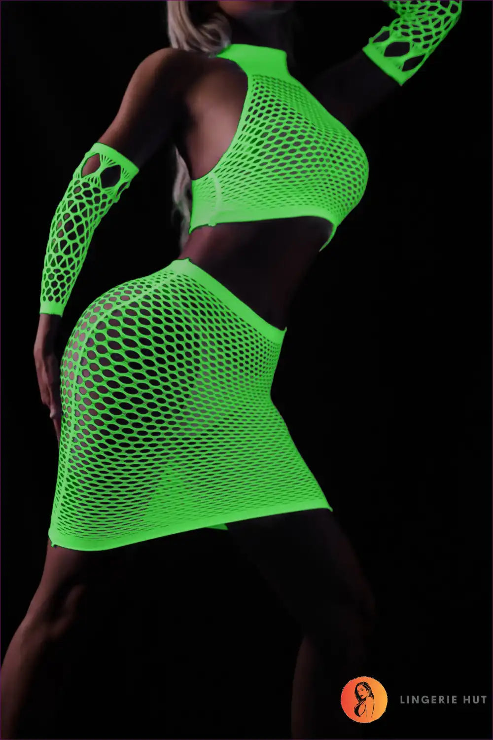 Fishnet Two Piece Set with Neon Glow - Festival Statement Style for Clubwear, co Ord, Crop, Evening Wear,