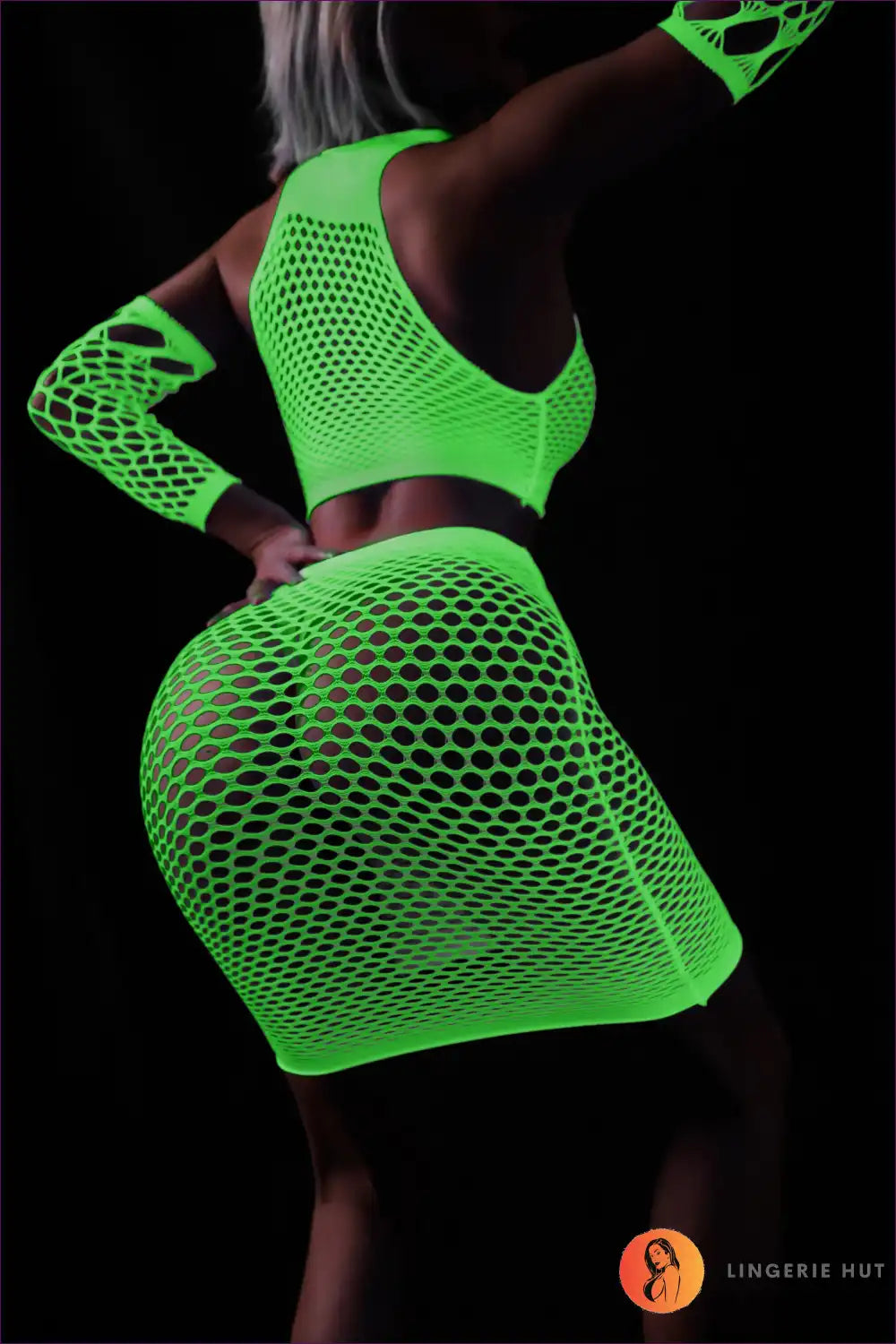 Fishnet Two Piece Set with Neon Glow - Festival Statement Style for Clubwear, co Ord, Crop, Evening Wear,