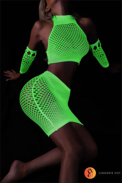 Fishnet Two Piece Set with Neon Glow - Festival Statement Style for Clubwear, co Ord, Crop, Evening Wear,