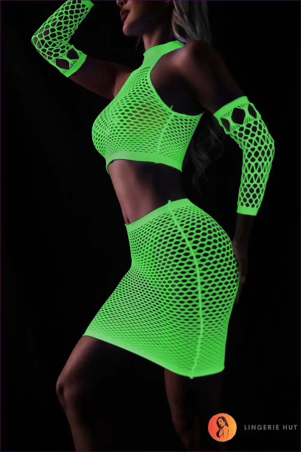 Fishnet Two Piece Set with Neon Glow - Festival Statement Style for Clubwear, co Ord, Crop, Evening Wear,
