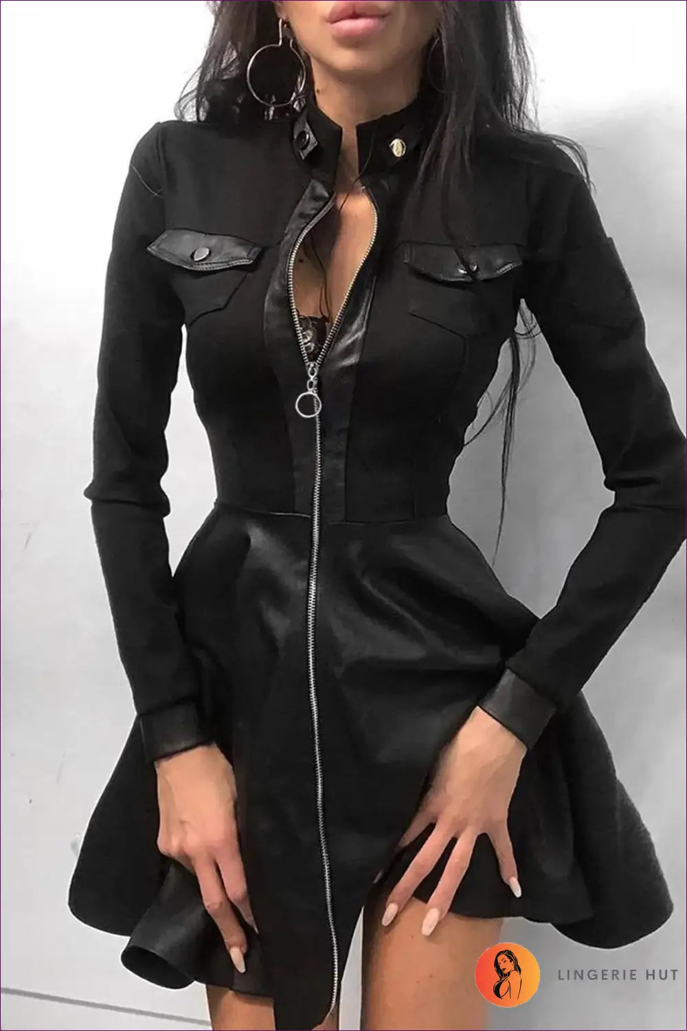 Flap Pocket Skater Dress with Stand Collar - Edgy Night out - Black / s - just in • Lingerie - Hut