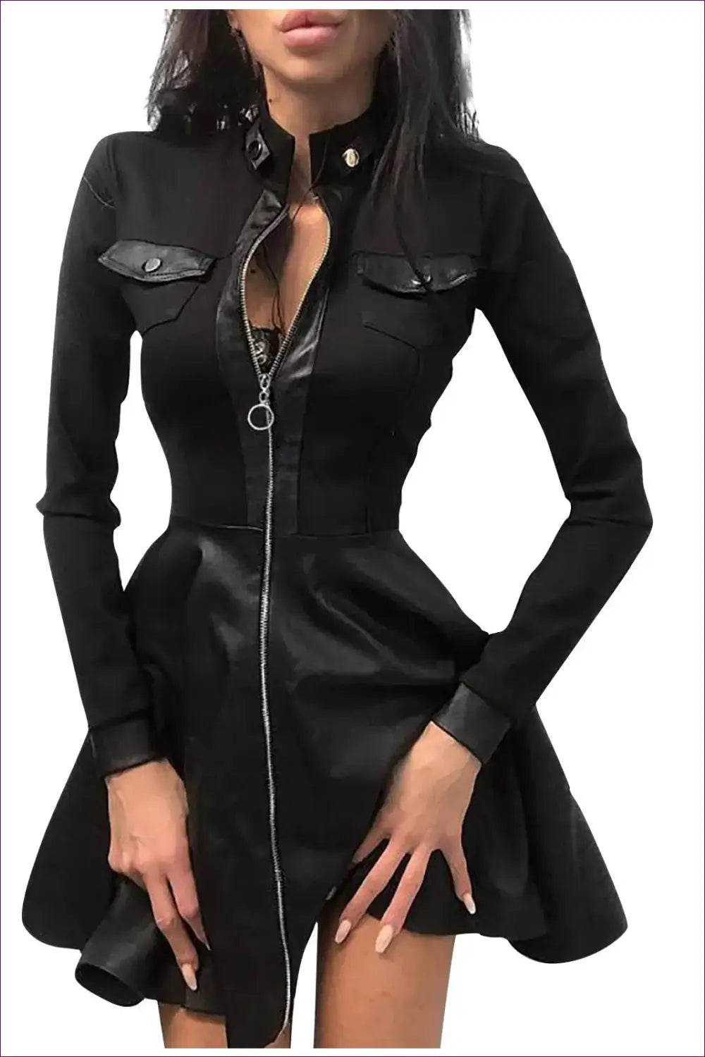 Flap Pocket Skater Dress with Stand Collar - Edgy Night out - just in • Lingerie - Hut