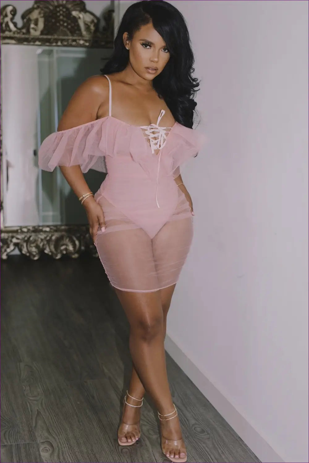 Flirty Pink Mesh Mini Dress - Romantic Allure for Date Night, Dress, Glamour, Mini, n