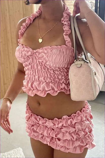 Flirty Pink Ruffled Two-piece Set - Romantic Chic for Chiffon, co Ord, Glamour, Mini, n