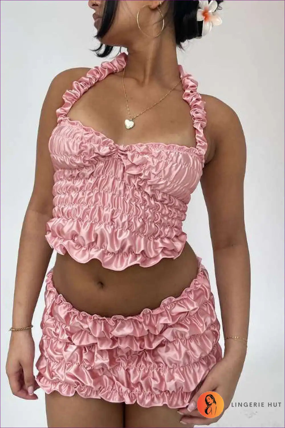 Flirty Pink Ruffled Two-piece Set - Romantic Chic for Chiffon, co Ord, Glamour, Mini, n