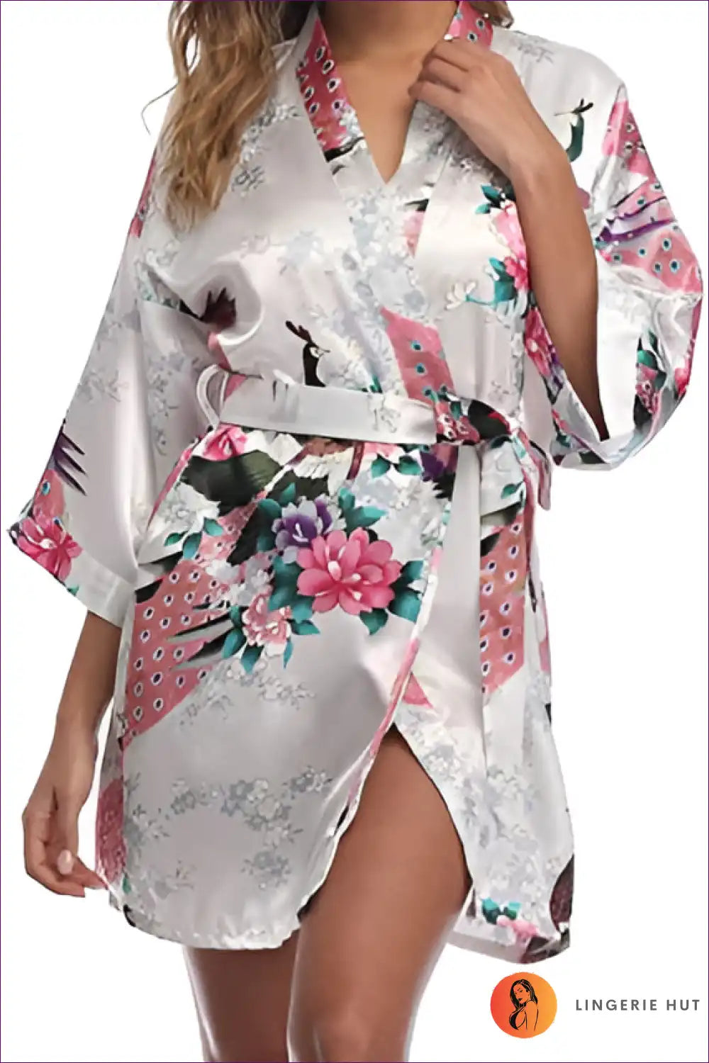 Elevate Your Style With Our Floral 3/4 Sleeve Belted Robe. Multicolored Florals, Loose Fit, And Breathable