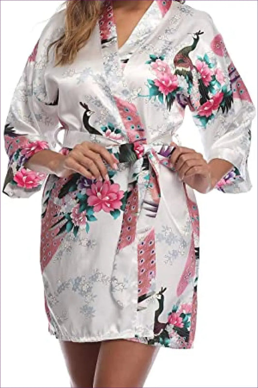 Elevate Your Style With Our Floral 3/4 Sleeve Belted Robe. Multicolored Florals, Loose Fit, And Breathable