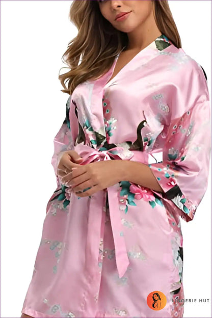 Elevate Your Style With Our Floral 3/4 Sleeve Belted Robe. Multicolored Florals, Loose Fit, And Breathable