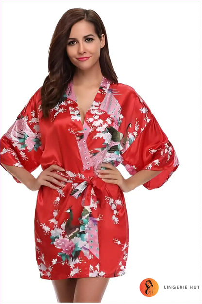 Elevate Your Style With Our Floral 3/4 Sleeve Belted Robe. Multicolored Florals, Loose Fit, And Breathable