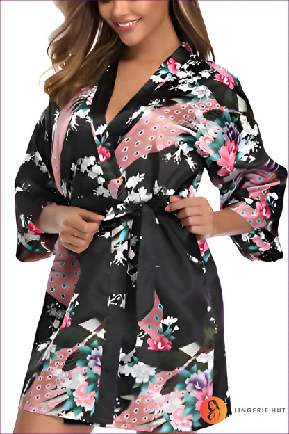 Elevate Your Style With Our Floral 3/4 Sleeve Belted Robe. Multicolored Florals, Loose Fit, And Breathable