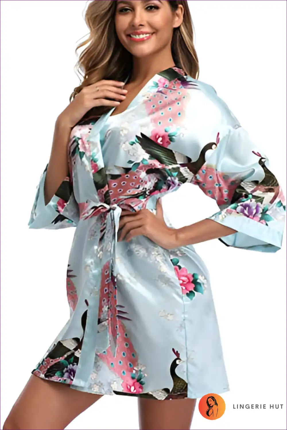 Elevate Your Style With Our Floral 3/4 Sleeve Belted Robe. Multicolored Florals, Loose Fit, And Breathable