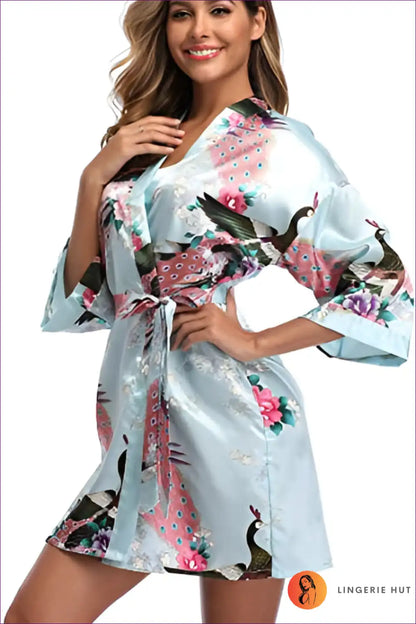 Elevate Your Style With Our Floral 3/4 Sleeve Belted Robe. Multicolored Florals, Loose Fit, And Breathable