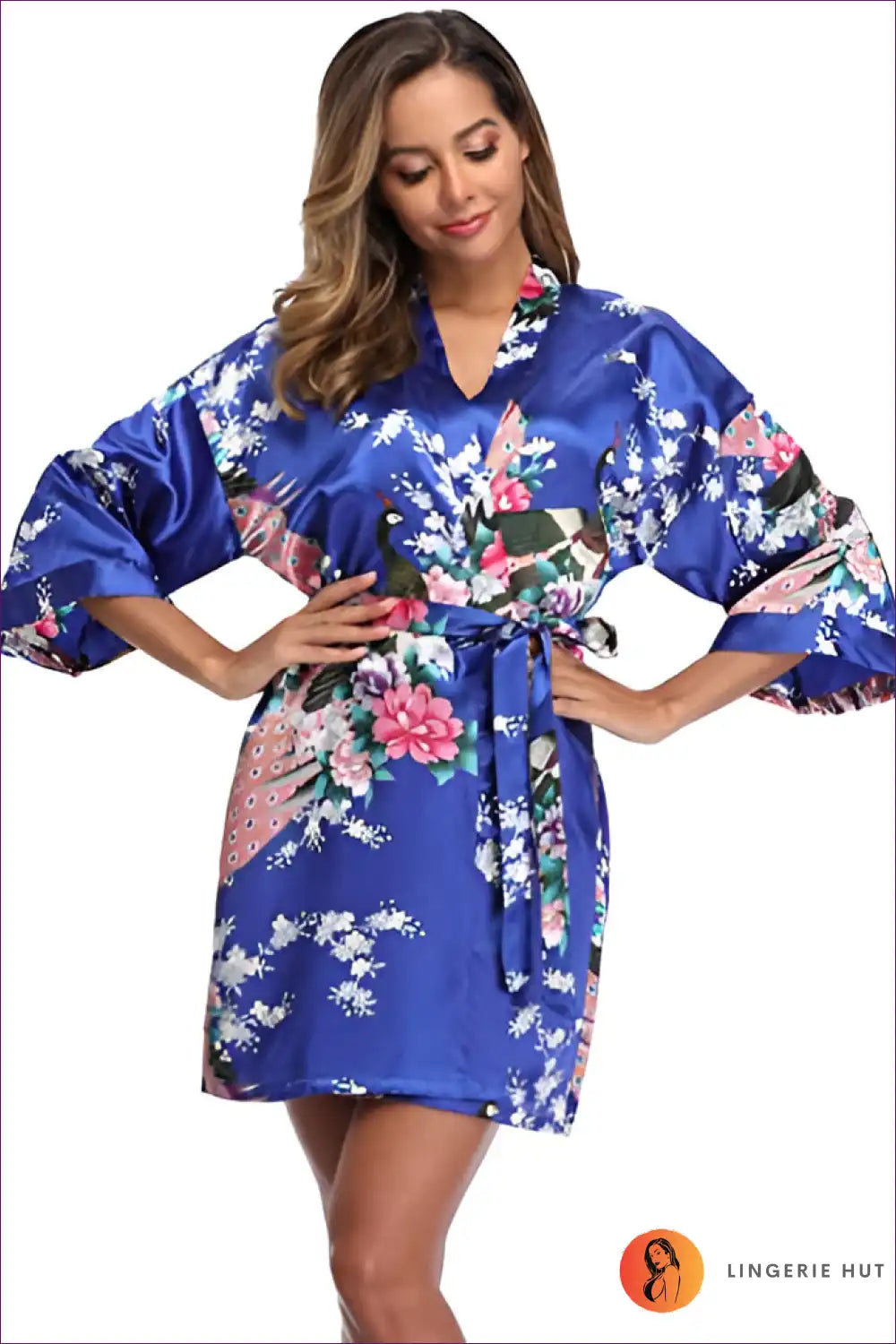 Elevate Your Style With Our Floral 3/4 Sleeve Belted Robe. Multicolored Florals, Loose Fit, And Breathable