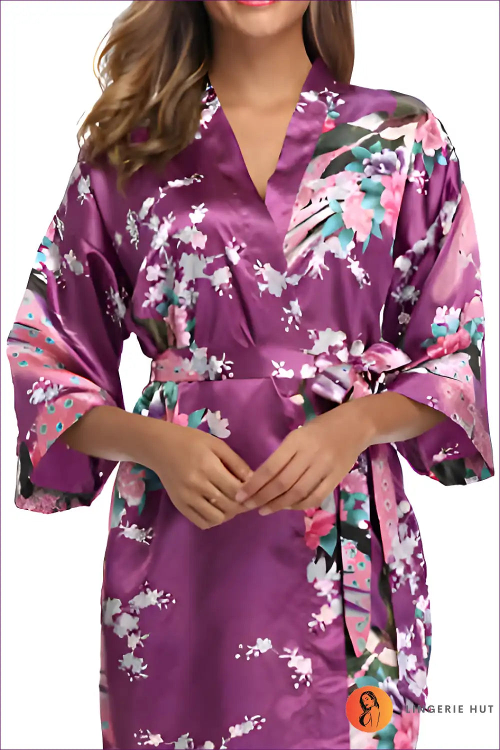 Elevate Your Style With Our Floral 3/4 Sleeve Belted Robe. Multicolored Florals, Loose Fit, And Breathable