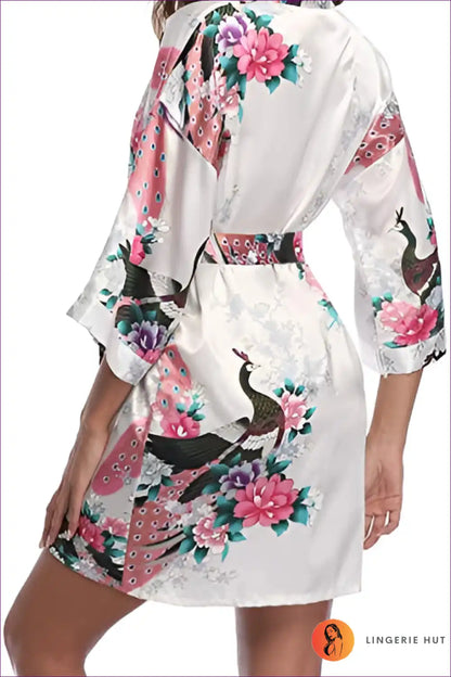 Elevate Your Style With Our Floral 3/4 Sleeve Belted Robe. Multicolored Florals, Loose Fit, And Breathable