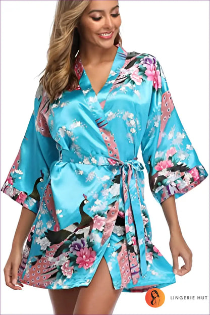 Elevate Your Style With Our Floral 3/4 Sleeve Belted Robe. Multicolored Florals, Loose Fit, And Breathable