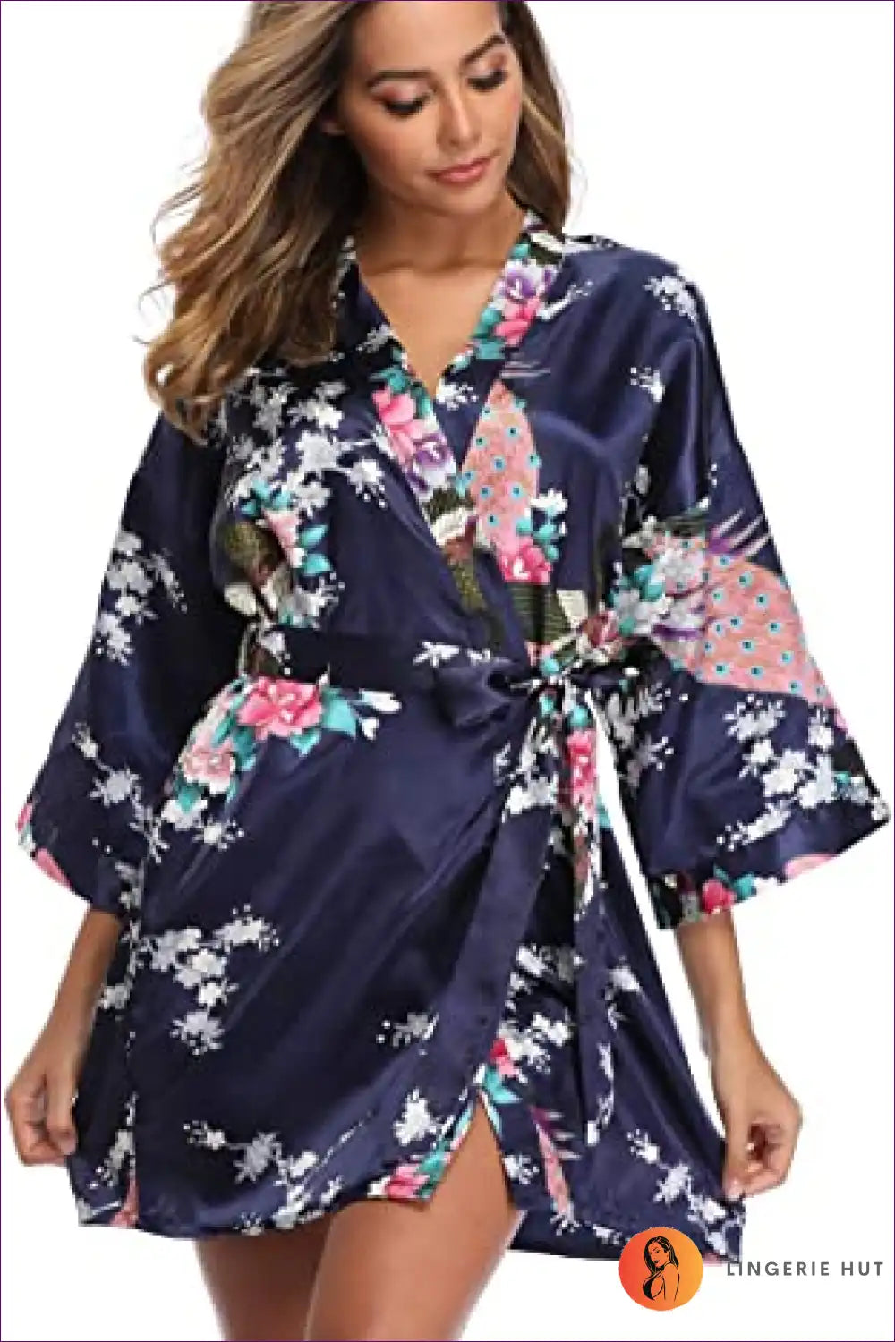 Elevate Your Style With Our Floral 3/4 Sleeve Belted Robe. Multicolored Florals, Loose Fit, And Breathable