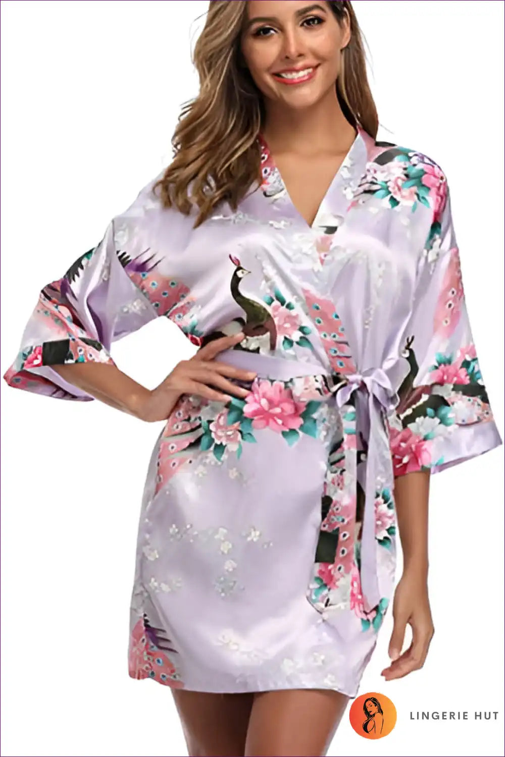 Elevate Your Style With Our Floral 3/4 Sleeve Belted Robe. Multicolored Florals, Loose Fit, And Breathable