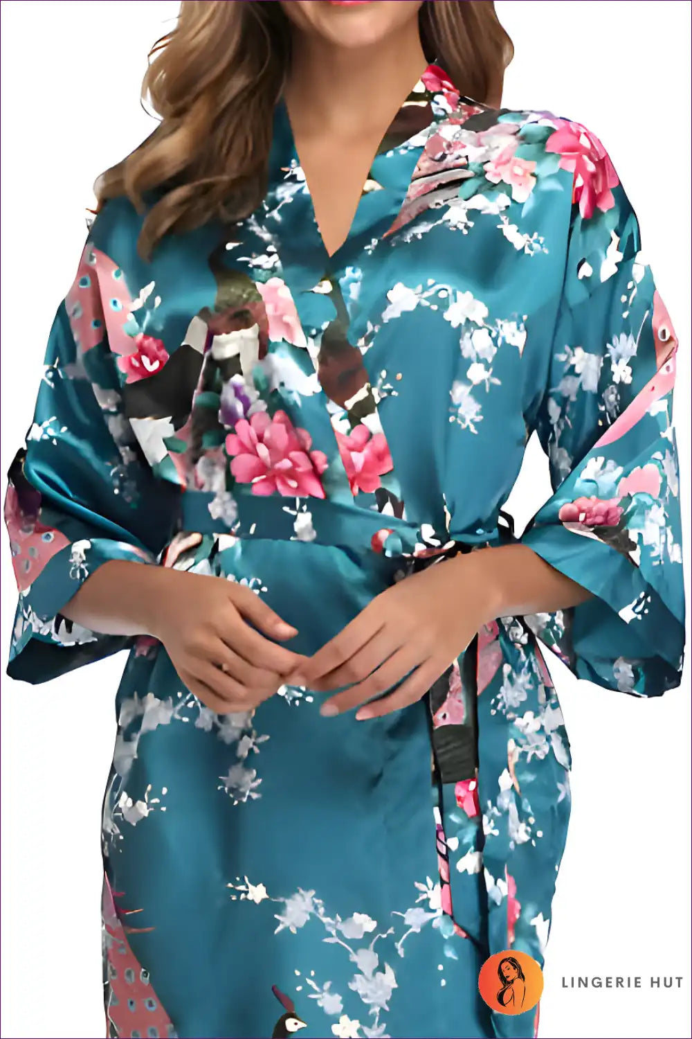 Elevate Your Style With Our Floral 3/4 Sleeve Belted Robe. Multicolored Florals, Loose Fit, And Breathable