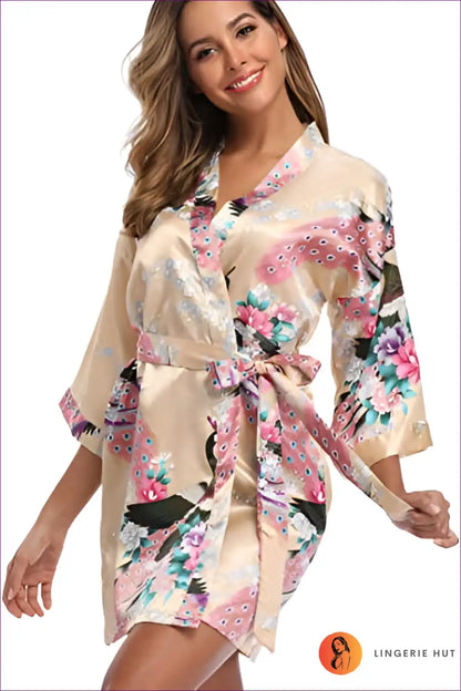 Elevate Your Style With Our Floral 3/4 Sleeve Belted Robe. Multicolored Florals, Loose Fit, And Breathable