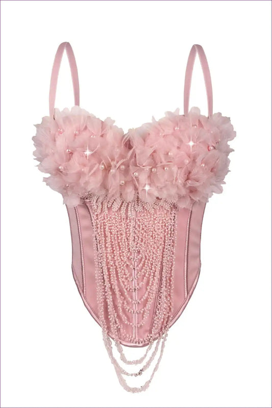 Floral Appliqué Tassel Bodysuit with Boning - Couture Fantasy for Bodysuit, Boudoir, Date Night, Floral,